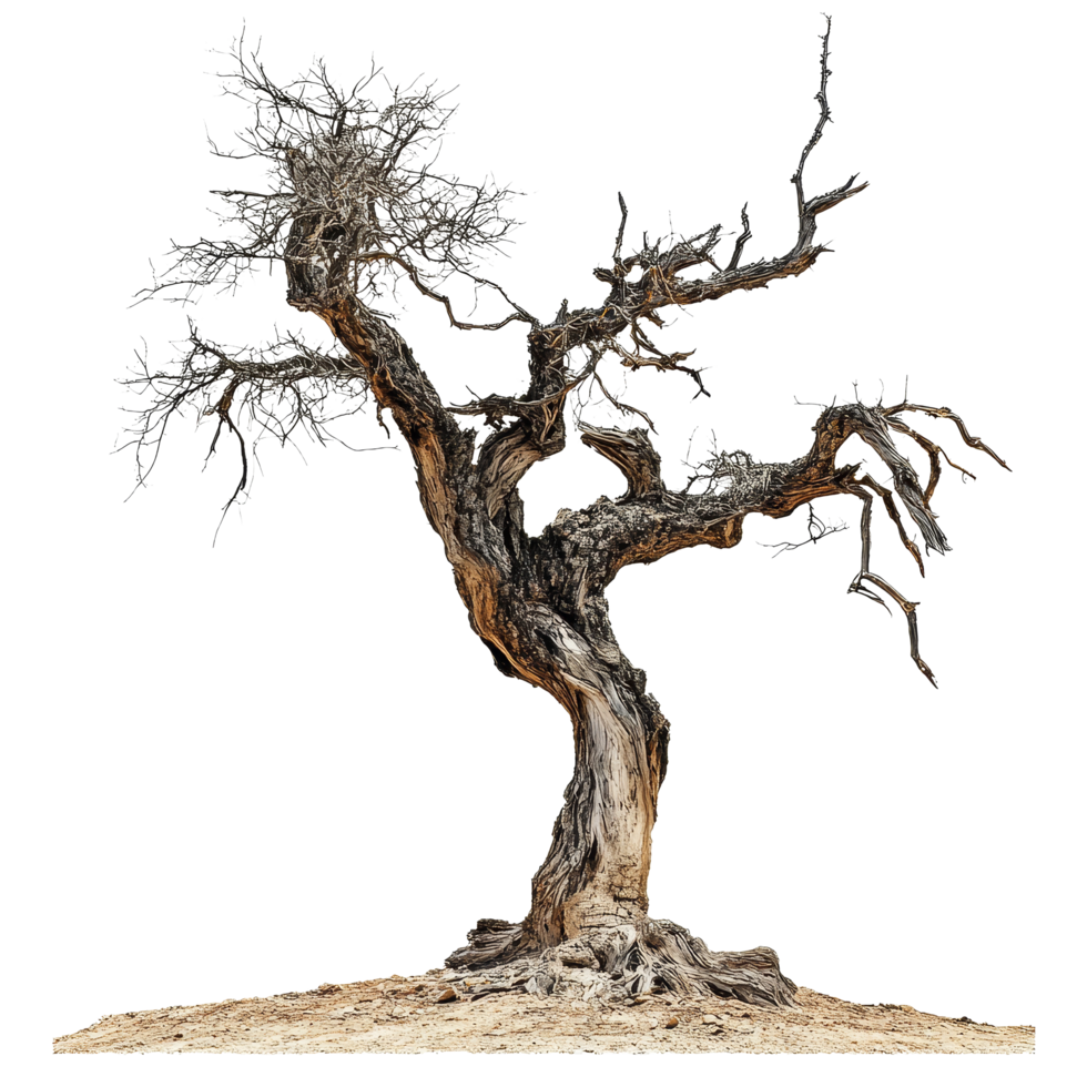 An ancient tree standing alone against a stark transparent background, showcasing its twisted branches and rugged bark, Old tree isolated on transparent background png