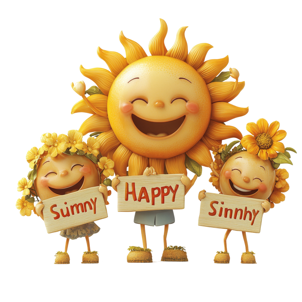 Happy sun characters celebrating summer with cheerful signs in a bright, sunny atmosphere, Smiling Sun Characters Holding Happy Summer Signs on transparent background png