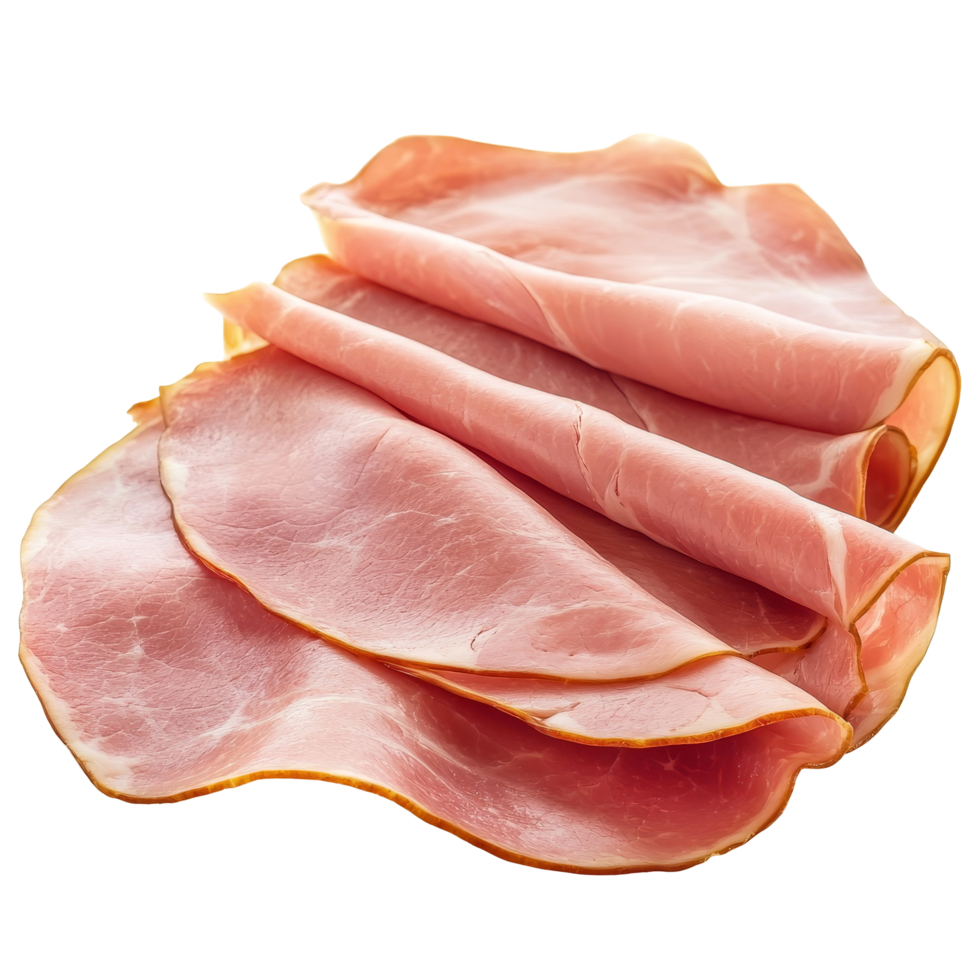 Sliced ham arranged neatly on a clean transparent background for culinary presentation or food photography purposes, Sliced ham isolated on transparent background png