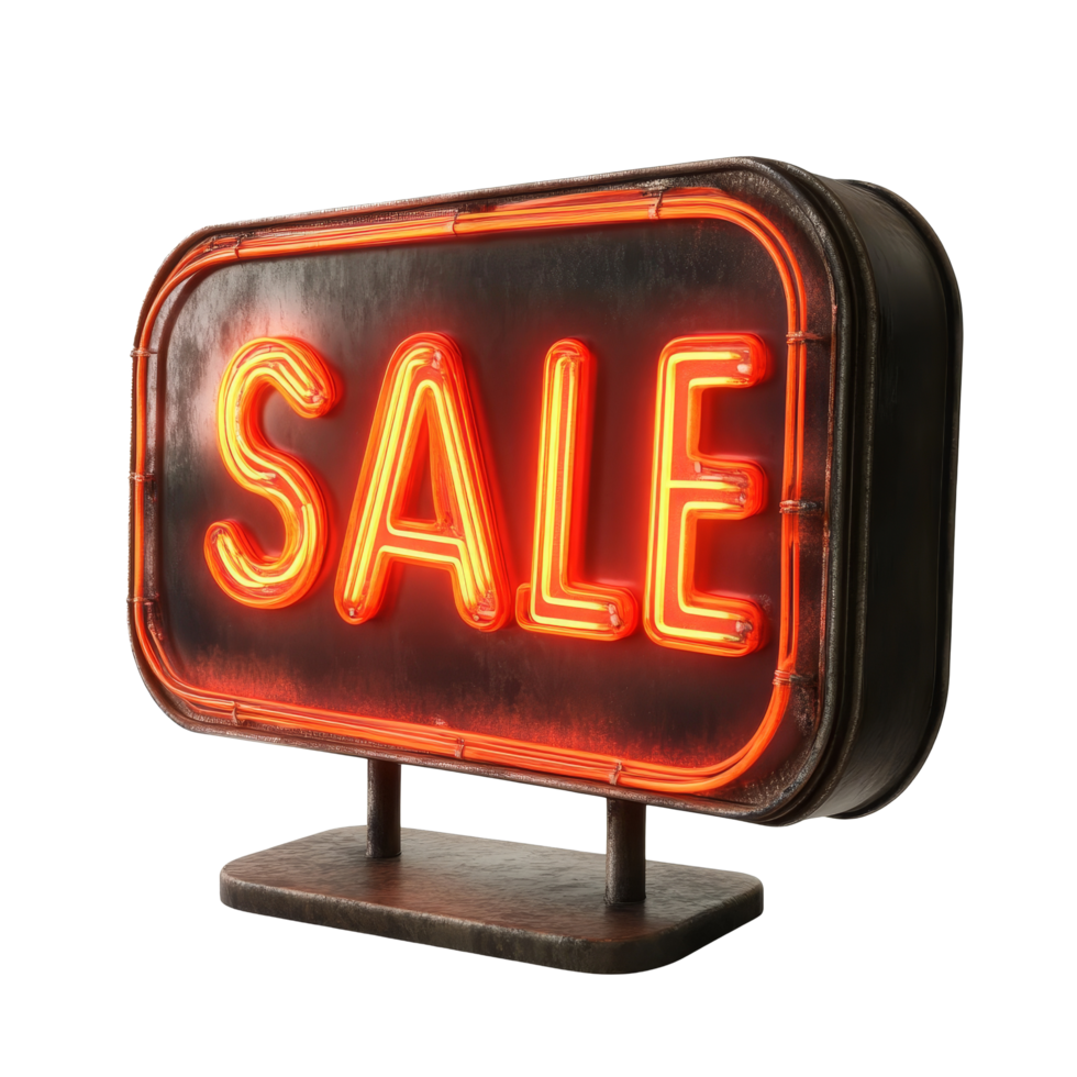 Illuminated for sale led sign on a display stand in a retail setting, For Sale led sign isolated png