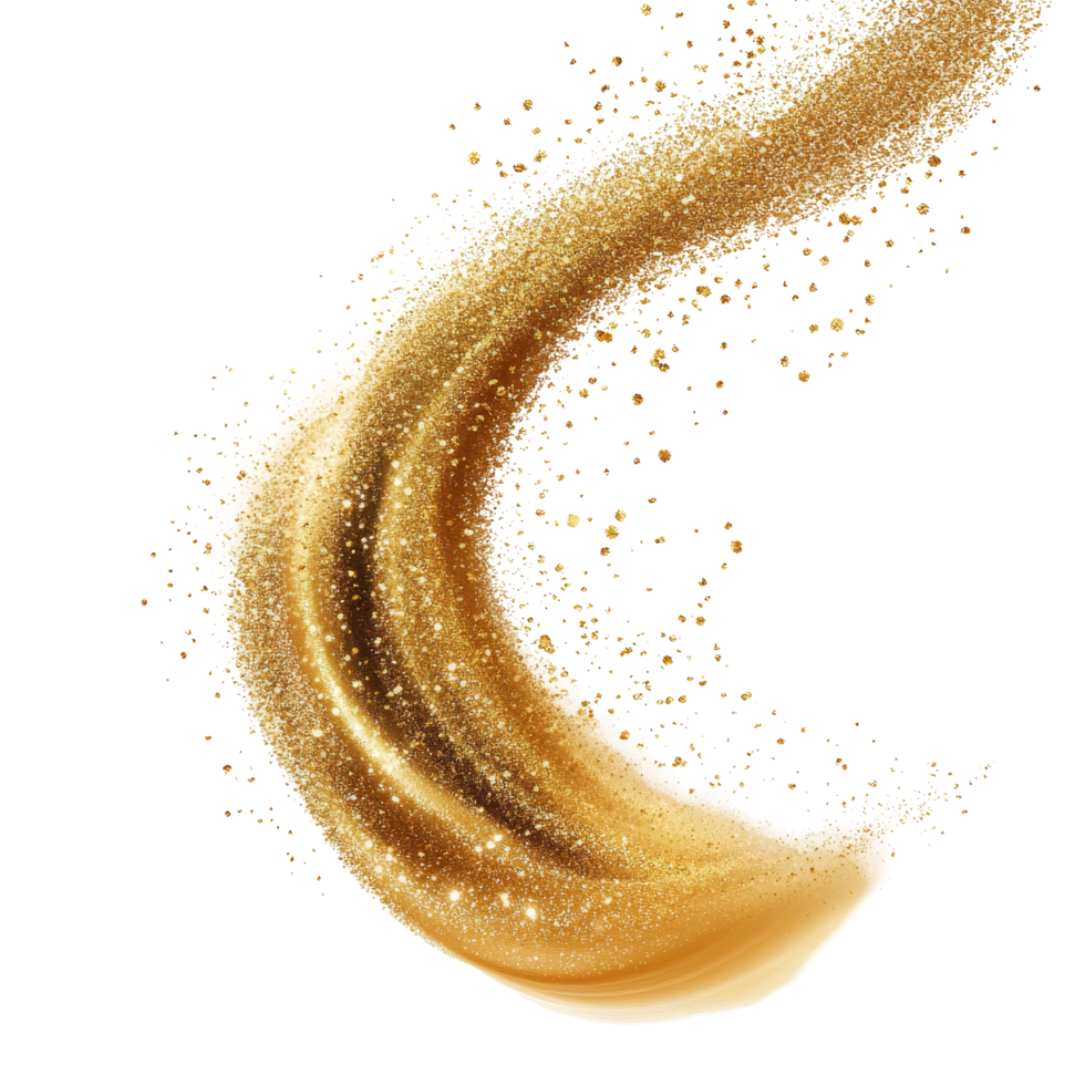 Elegant gold dust swirl creating a dynamic sparkle effect against a transparent background, perfect for artistic designs, Gold Dust Swirl Elegance, file of isolated object on transparent background png