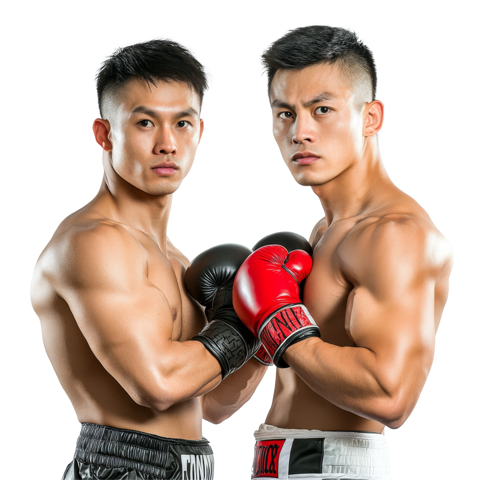 Asian professional boxers preparing for a match in a studio setting with a transparent backdrop, Asian Professional Boxers Ready to Fight on transparent background png
