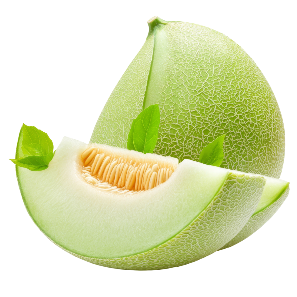 Fresh honeydew melon with a slice and mint leaves on a clean transparent background for culinary use, fresh honeydew melon with slice isolated on transparent background png