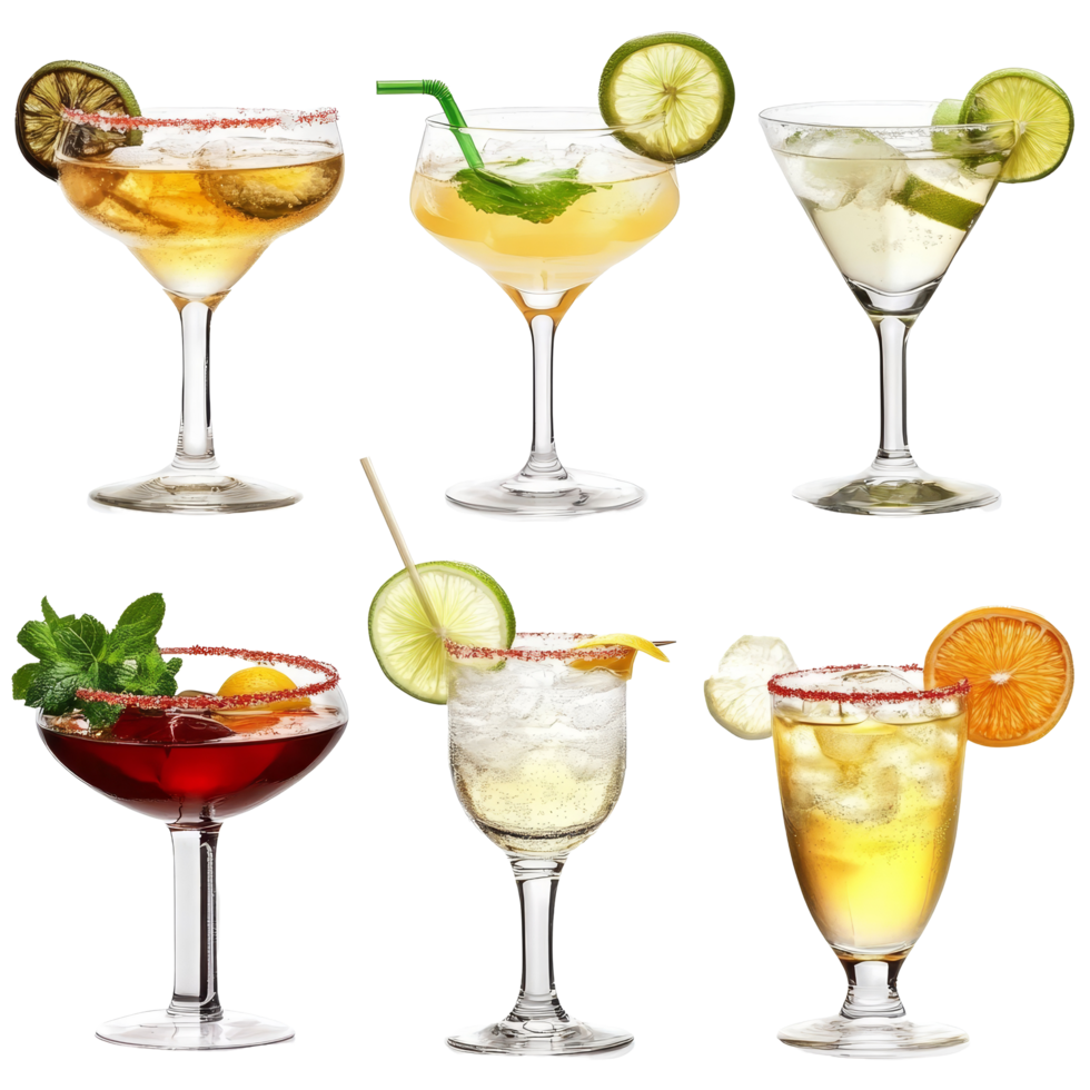 A vibrant collection of six margarita cocktails showcasing diverse flavors and garnishes on a transparent background, margarita cocktail tequila isolated on transparent background png