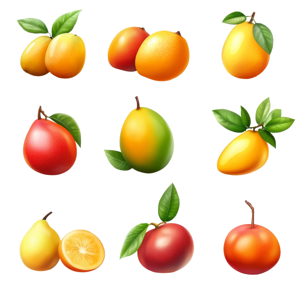 Vibrant collection of ripe mangos in various colors and shapes on a clean transparent background, Scorpion and crab isolated on transparent background png