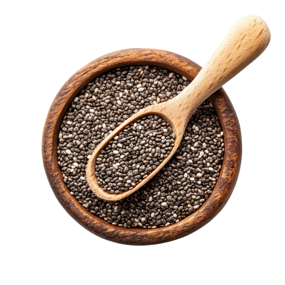 Chia seeds in a wooden bowl with a scoop on a clean surface, emphasizing the texture and color contrast against a light backdrop, Chia seeds isolated png
