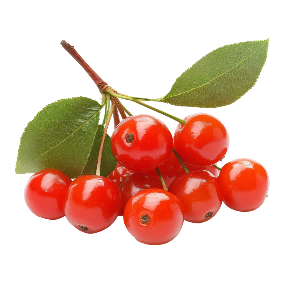 Fresh Barbados cherries with green leaves arranged on a transparent background, Barbados cherry on transparent background png