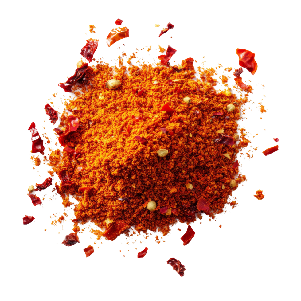 uma vibrante pilha do Pimenta pó contra uma limpar \ limpo transparente fundo, exibindo rico cores e texturas perfeito para adicionando especiaria para pratos, Pimenta pó transparente fundo png