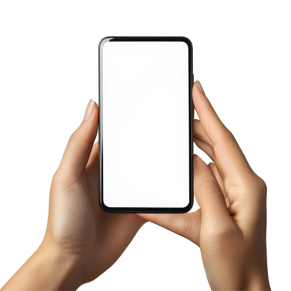 Hands holding a smartphone display with an empty screen in a bright setting while browsing or texting, Hand using mobile phone display, smartphone screen mockup, cellphone isolated on transparent png