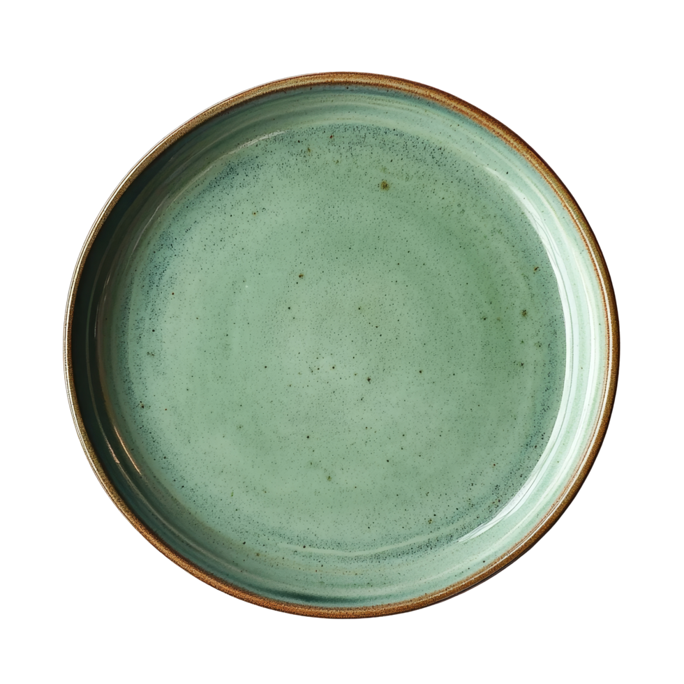 Elegant green ceramic plate resting on a clean transparent background, showcasing its smooth surface and subtle texture, green ceramic plate on transparent background png