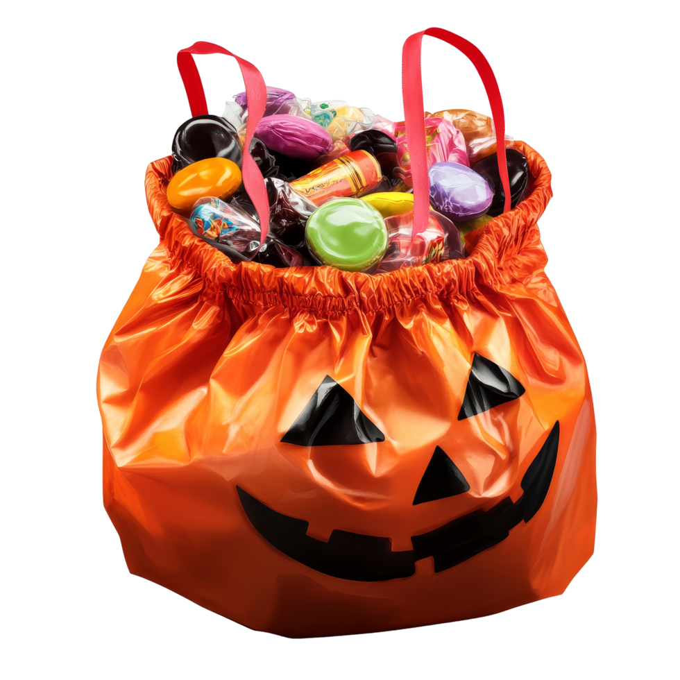 A festive Halloween bag filled with an assortment of colorful candies and sweets for trickortreaters, halloween bag of candies and sweets, file of isolated object with shadow on transparent background png