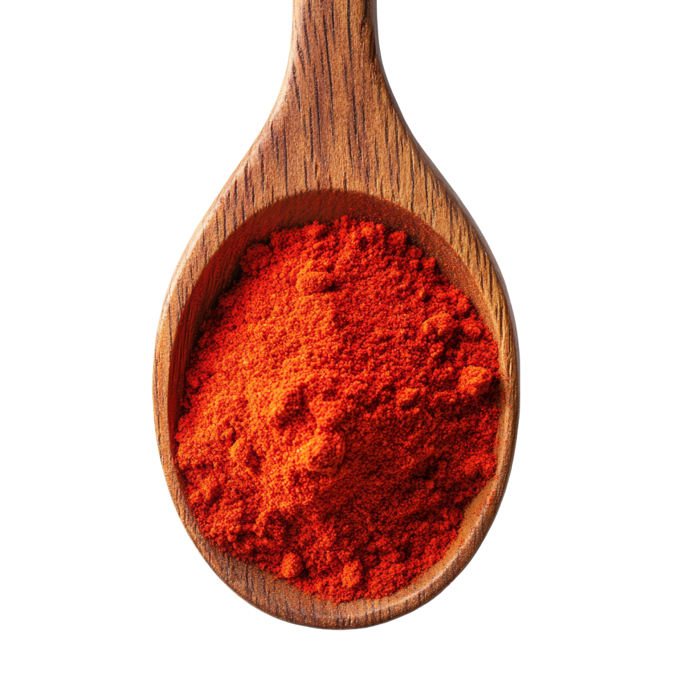 Red chili powder in wooden spoon isolated on transparent background for culinary uses and spice preparation, Red chili powder in wood spoon isolated on transparent background png