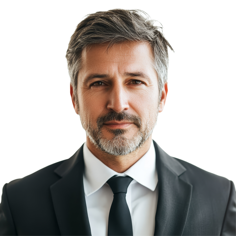 Midaged businessman dressed in a suit standing confidently against a transparent background, midaged business man isolated on transparent background png