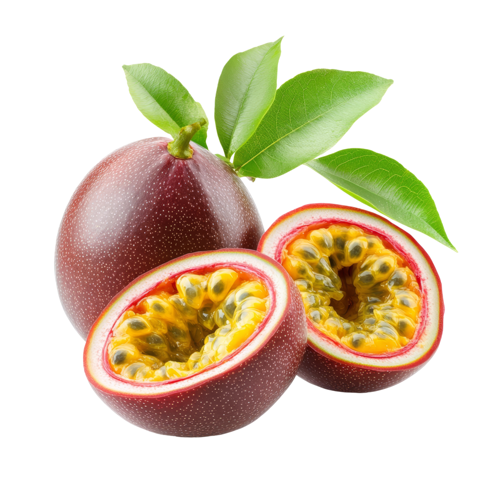 Fresh organic passion fruit with vibrant pulp and green leaves on a clean transparent background, Organic fresh passion fruiton fruits transparent background png
