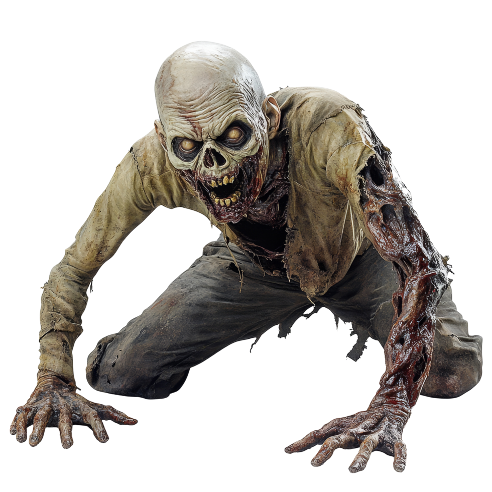 Crawling zombie in tattered clothing on a transparent background showcasing eerie details and haunting features, Crawling Zombie on transparent background png
