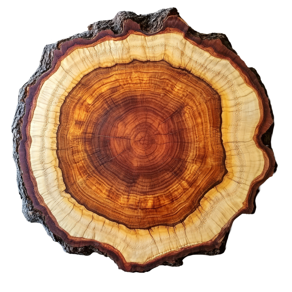 Beautiful cross section of a tree trunk serving as a unique cutting board for culinary preparations, tree trunk cross section, A cutting board made of crosssectional wood. png