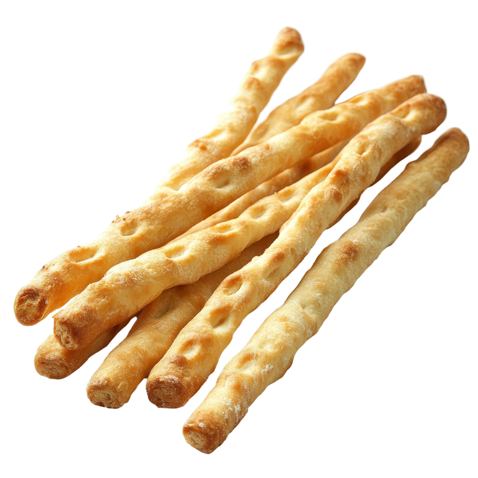Crispy baked bread sticks arranged on a transparent background showcasing their golden texture and appealing crunch, Pie or bread Sticks on transparent background png