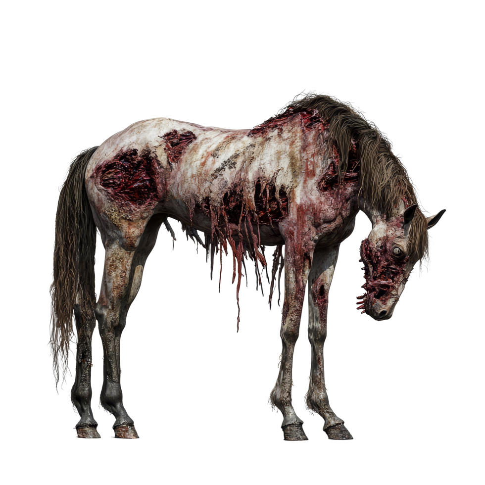 A zombie horse stands alone on a transparent background showcasing its eerie and decayed features in vivid detail, Zombie horse isolated on transparent background png