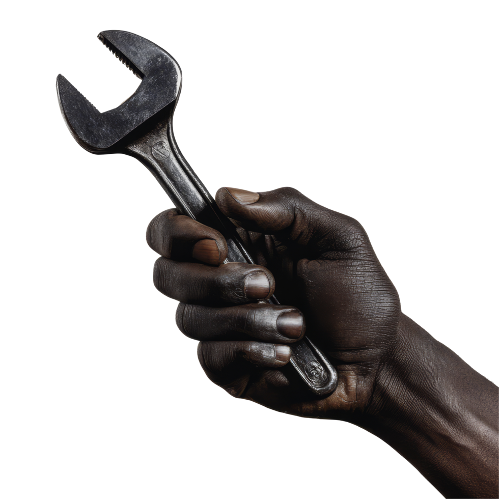 A skilled hand gripping a wrench against a transparent transparent background in a workshop setting, African Black Hand Holding a Wrench on Transparent Background png