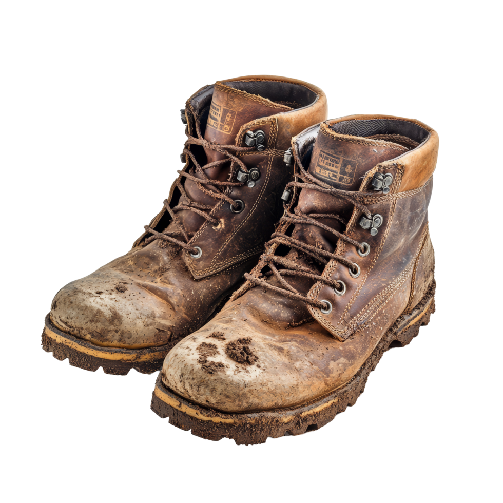 Rugged old brown leather work boots with mud, showcasing wear from outdoor activities in tough conditions, old brown leather rugged worker boots shoes with mud and dust isolated on transparent png
