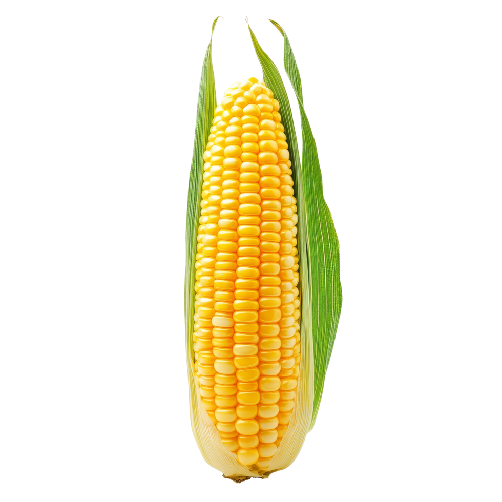 Fresh, ripe corn on the cob isolated against a bright transparent background showcasing its vibrant yellow kernels and green husk detail, red torn paper isolated on transparent background png