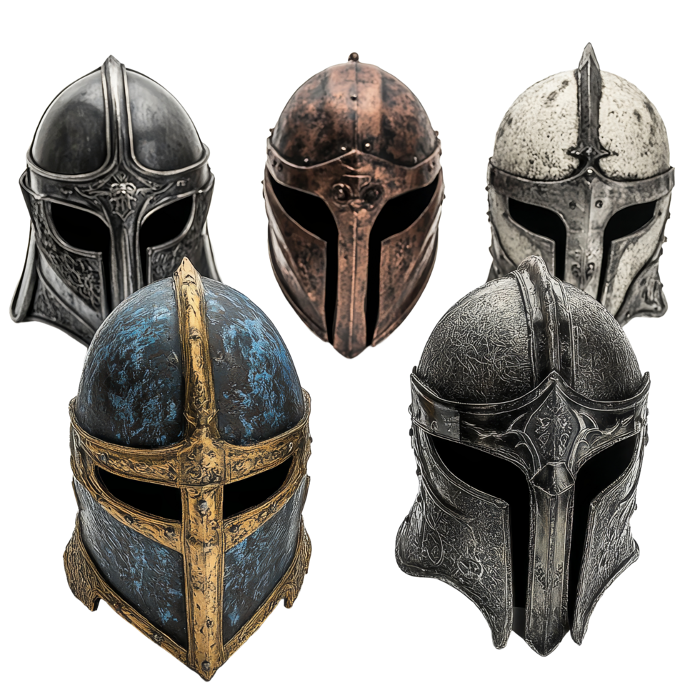 Medieval knight helmets displayed on a transparent background showcasing various designs and finishes from different eras, Medieval Knight Helmets on transparent background png