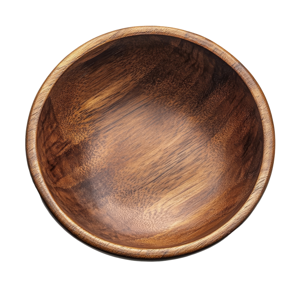 Natural wooden bowl crafted from brown wood displayed against a soft transparent background for a warm, inviting ambiance, brown empty natural wooden bowl png