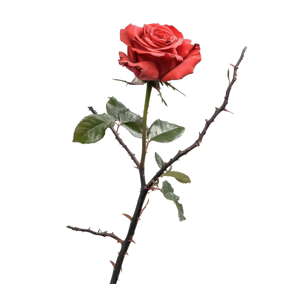 A single vibrant red rose with green leaves on a thorny branch against a transparent background, Rose flower with tree branch transparent background. Rose flower transparent background png