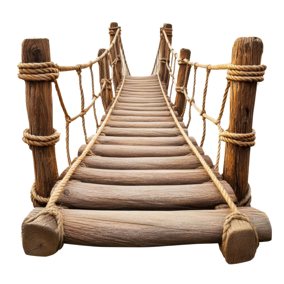A rustic rope bridge extending into the distance, offering a unique pathway over a scenic landscape, Rope bridge isolated on transparent background png
