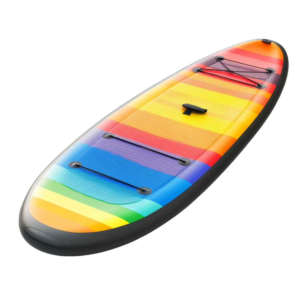 Colorful paddle board with vibrant stripes resting on a transparent background, perfect for summer water activities and outdoor adventures, Colorful paddle board isolated on transparent background png