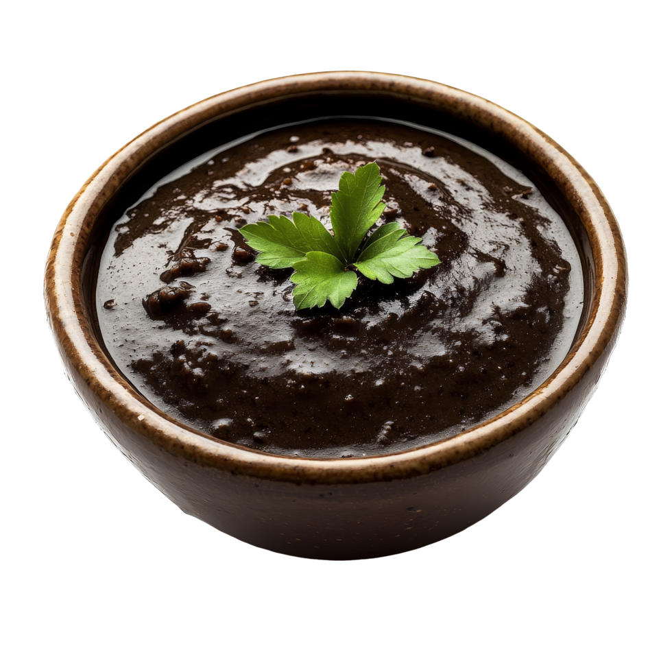Mole poblano sauce in a rustic bowl with fresh cilantro garnish on a transparent background, mole poblano sauce on bowl isolated on transparent background png