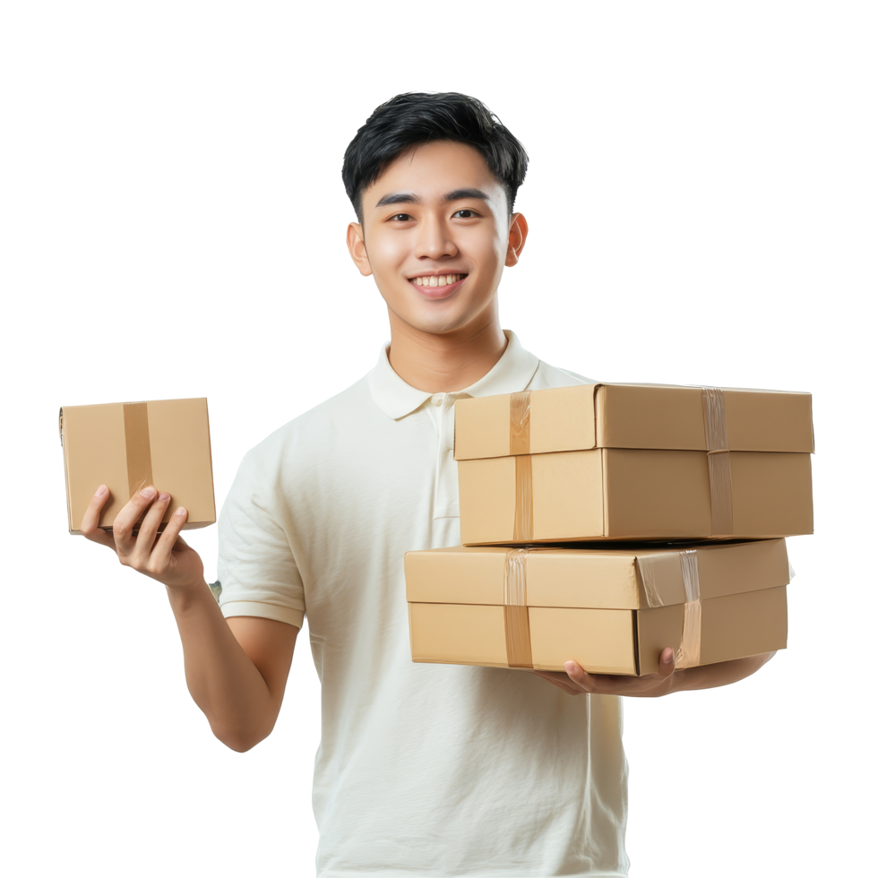 Happy young Asian man celebrating delivery of packages while giving a thumbs up in a bright setting, Happy young Asian man thumb up and holding package parcel boxs isolated on transparent background png