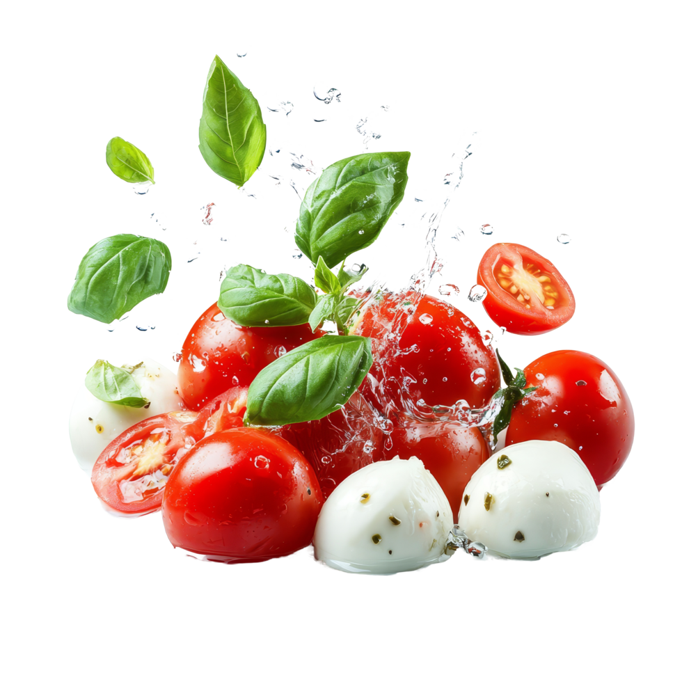 Fresh tomatoes, basil, and mozzarella collide with splashes of water in a vibrant arrangement on a transparent background, tomatoesbasil and mozzarella falling with water splashes isolated on png