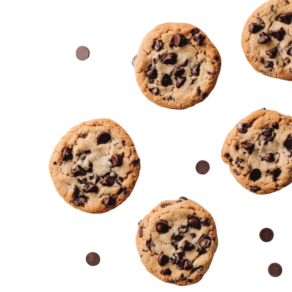 Delicious chocolate chip cookies arranged on a transparent background ready to be enjoyed at any time of the day, chocolate chips cookies on transparent background png
