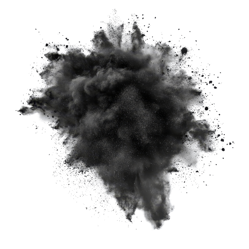 Black powder explosion isolated on a transparent background showcasing dynamic dispersion and texture, black color powder pulver explosion isolated on transparent background png