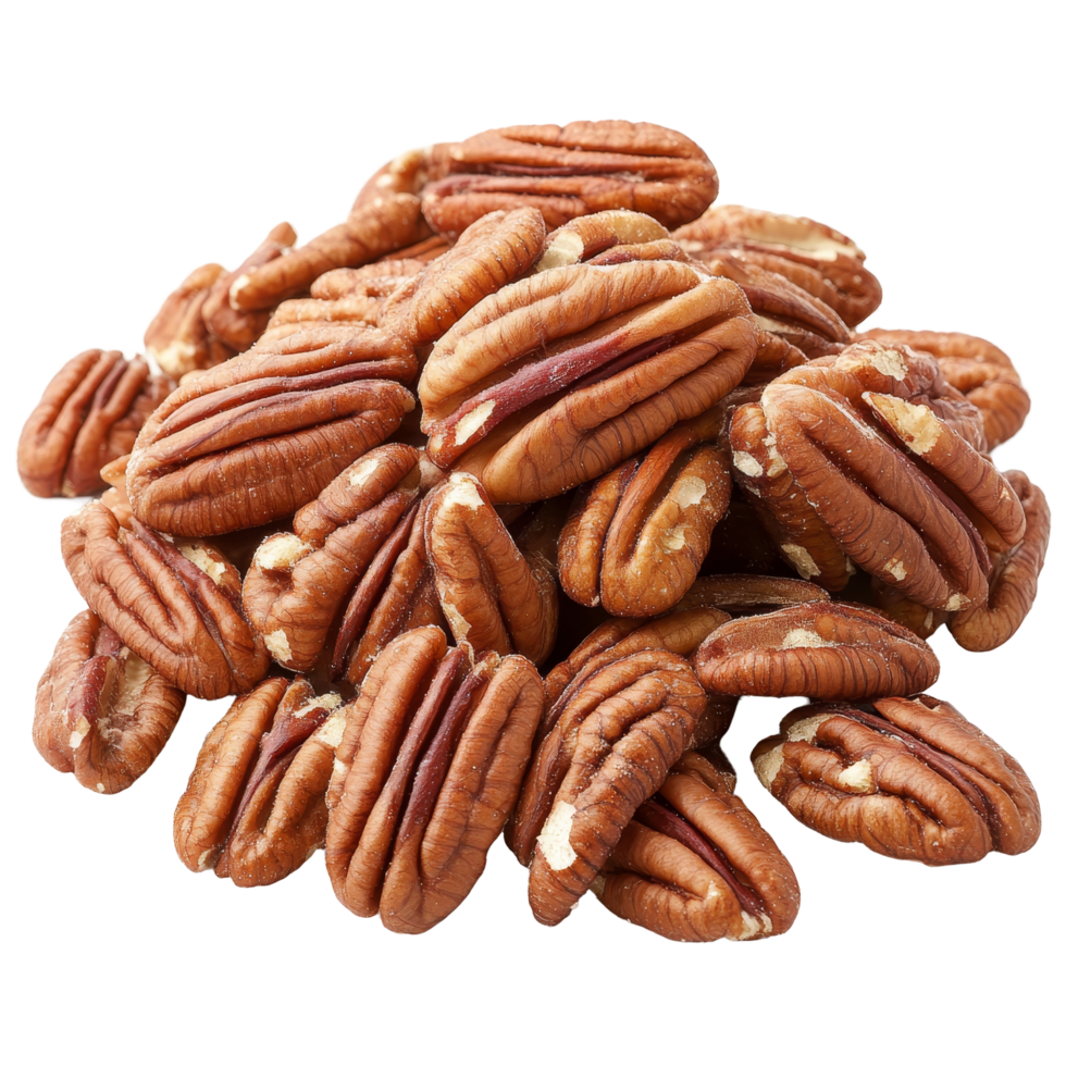 Fresh pecans arranged on a transparent background showcasing their rich texture and natural color for culinary uses, Fresh pecans on a transparent background png