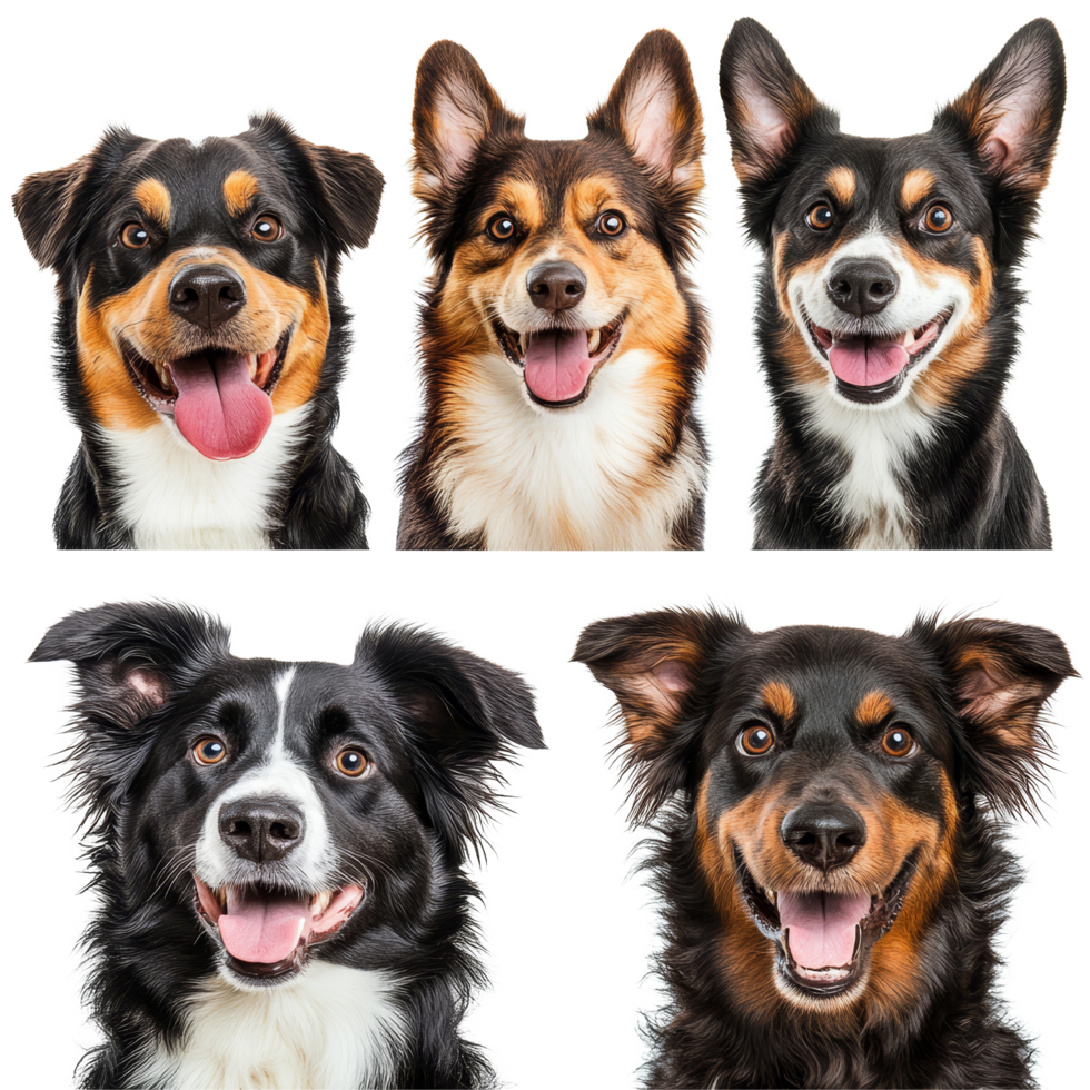 Five distinct dog head portraits showcasing different breeds with expressive faces on a transparent background, five different dog head portraits isolated on transparent background png