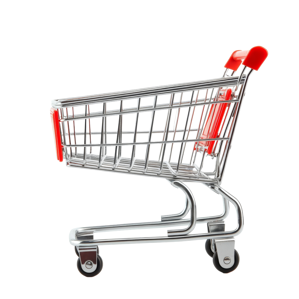 Empty shopping cart isolated on a transparent background ready for groceries and retail needs, Empty shopping cart isolated on transparent background png