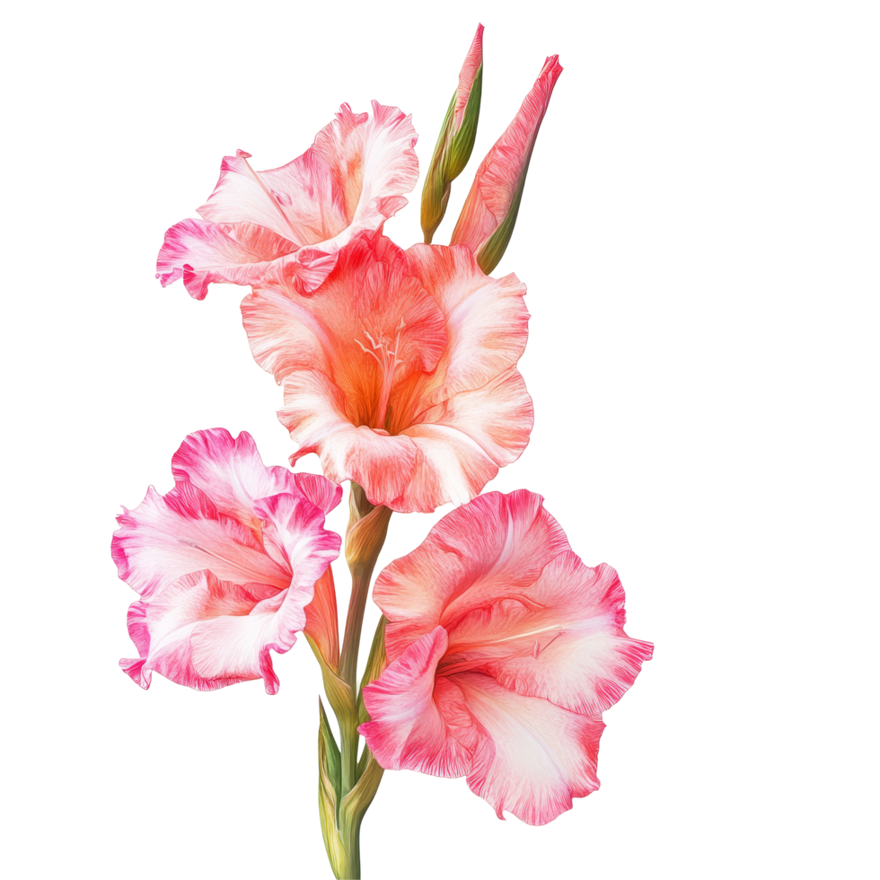 Vibrant gladiolus bloom showcasing pink and transparent petals against a clean transparent background, vibrant gladiolus in style, isolated on a transparent background for design layouts png