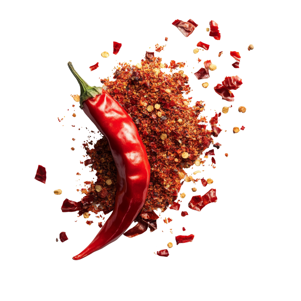 Crushed red chili pepper with flakes and whole peppers displayed on a clean transparent background for culinary use, Crushed red chili pepper isolated on transparent background png