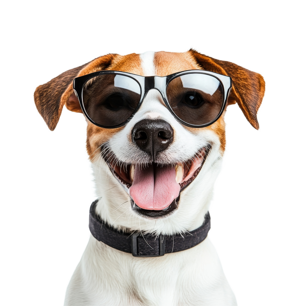 A cheerful dog wearing stylish sunglasses against a clean transparent background enjoys a sunny day with a bright smile, Happy dog wearing sunglasses transparent background png