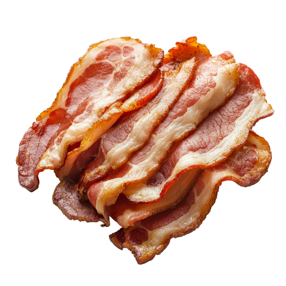 Sliced bacon pieces arranged neatly on a transparent surface for culinary use and meal preparation, Sliced bacon isolated png