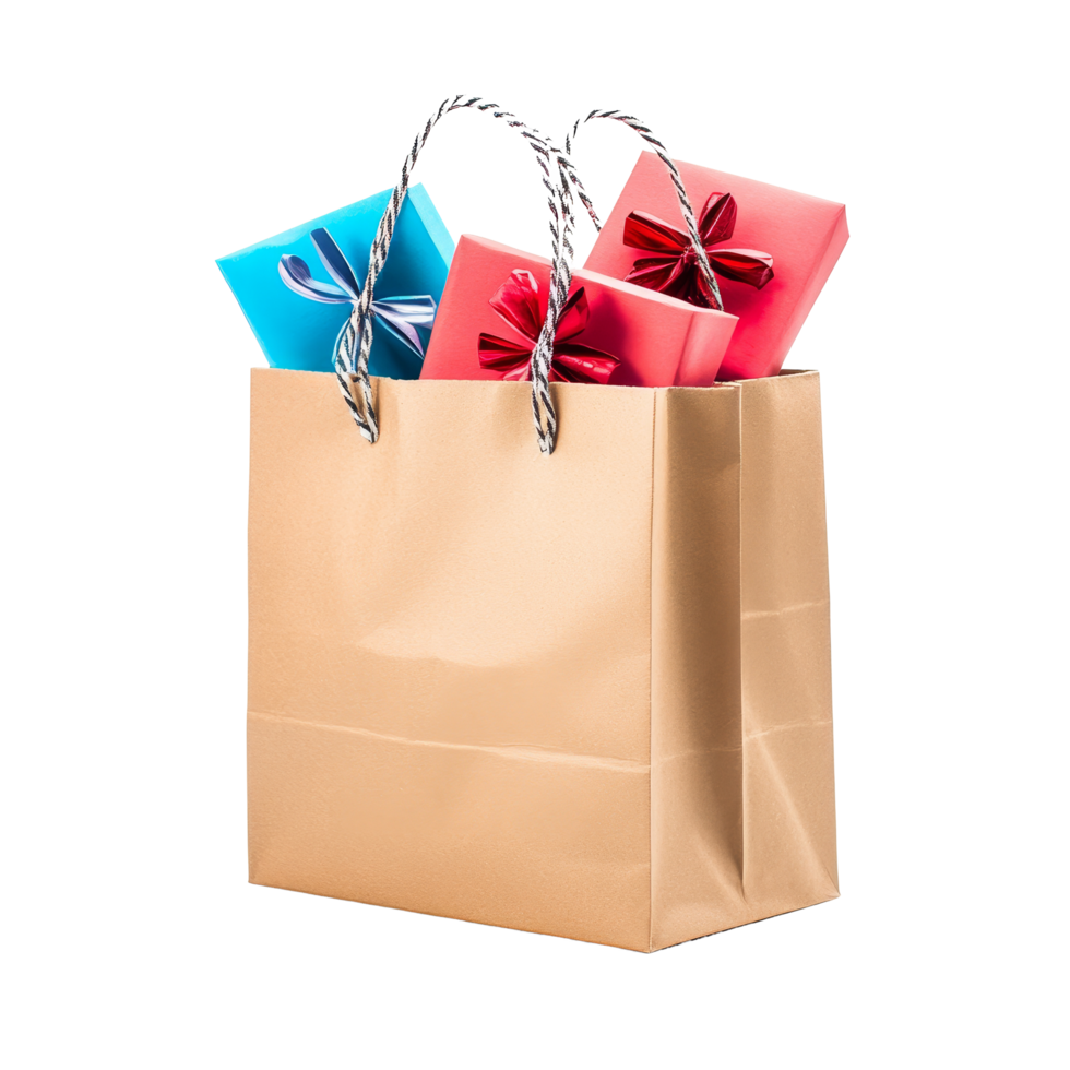 Colorful gift boxes bursting from a paper bag on a clean transparent background, Gift boxes pop out from paper bag isolated on transparent background png