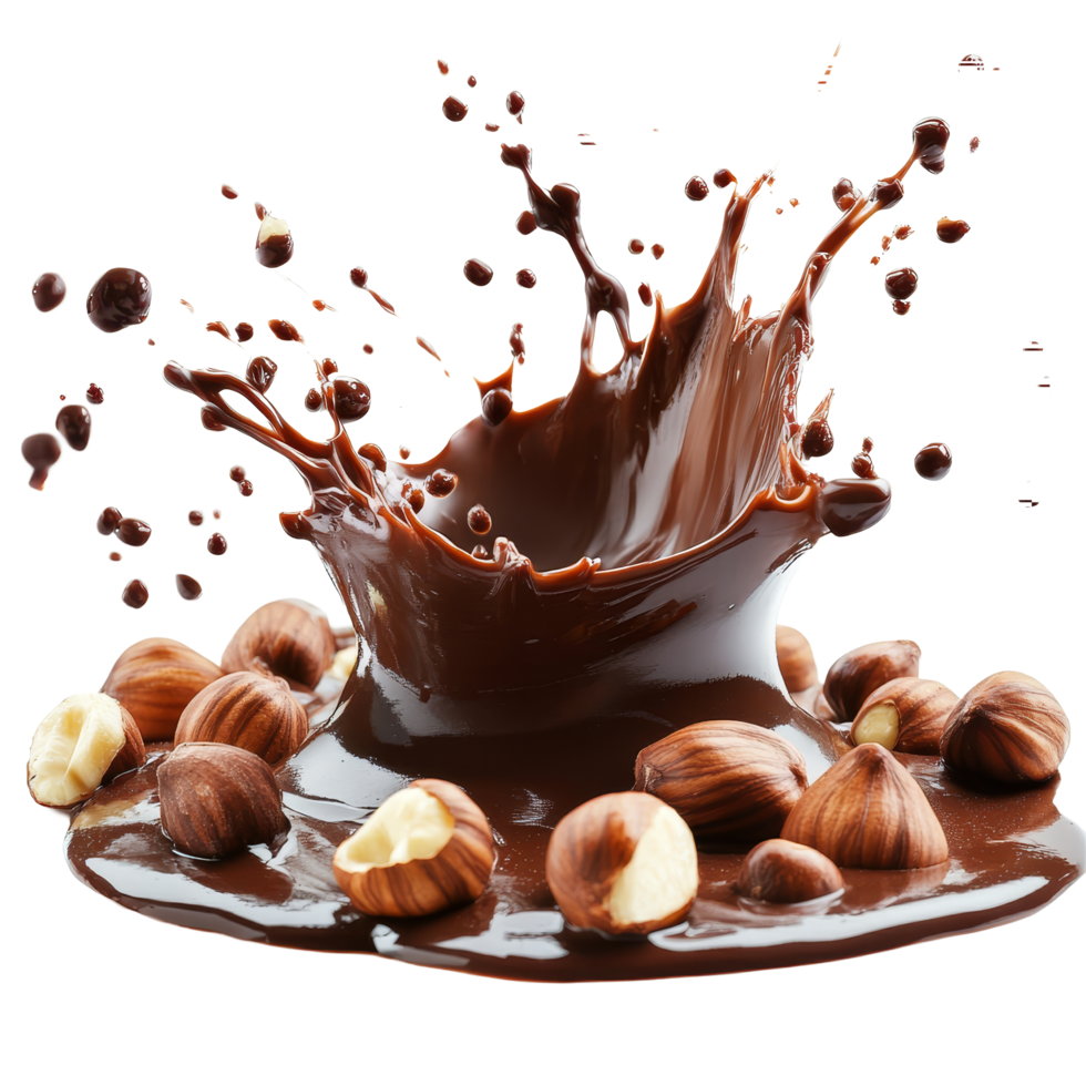 Hazelnuts create a dynamic splash in rich, melted chocolate, showcasing indulgent textures and flavors, hazelnuts splashing into liquid chocolate isolated on transparent background png