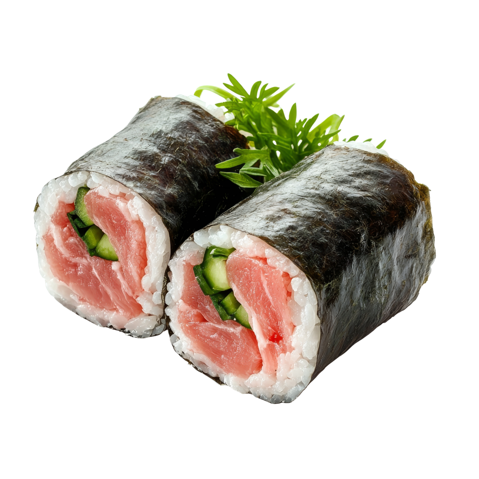 Fresh sushi rolls with tender meat and cucumber wrapped in seaweed isolated on a transparent background, slice of meat served in a halved roll isolated on transparent background png