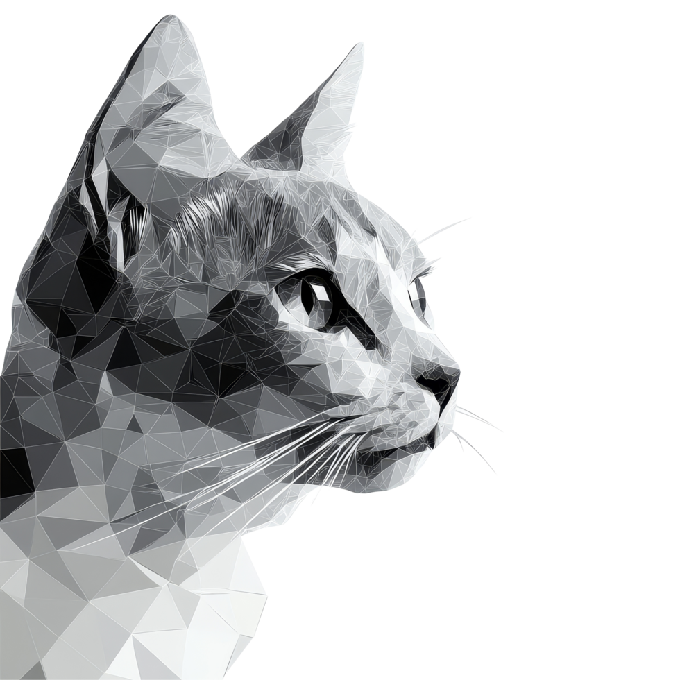 Geometric polygonal cat design set against a clean transparent background, showcasing digital art style and creativity, Polygonal cat on transparent background. Geometric polygonal cat transparent png