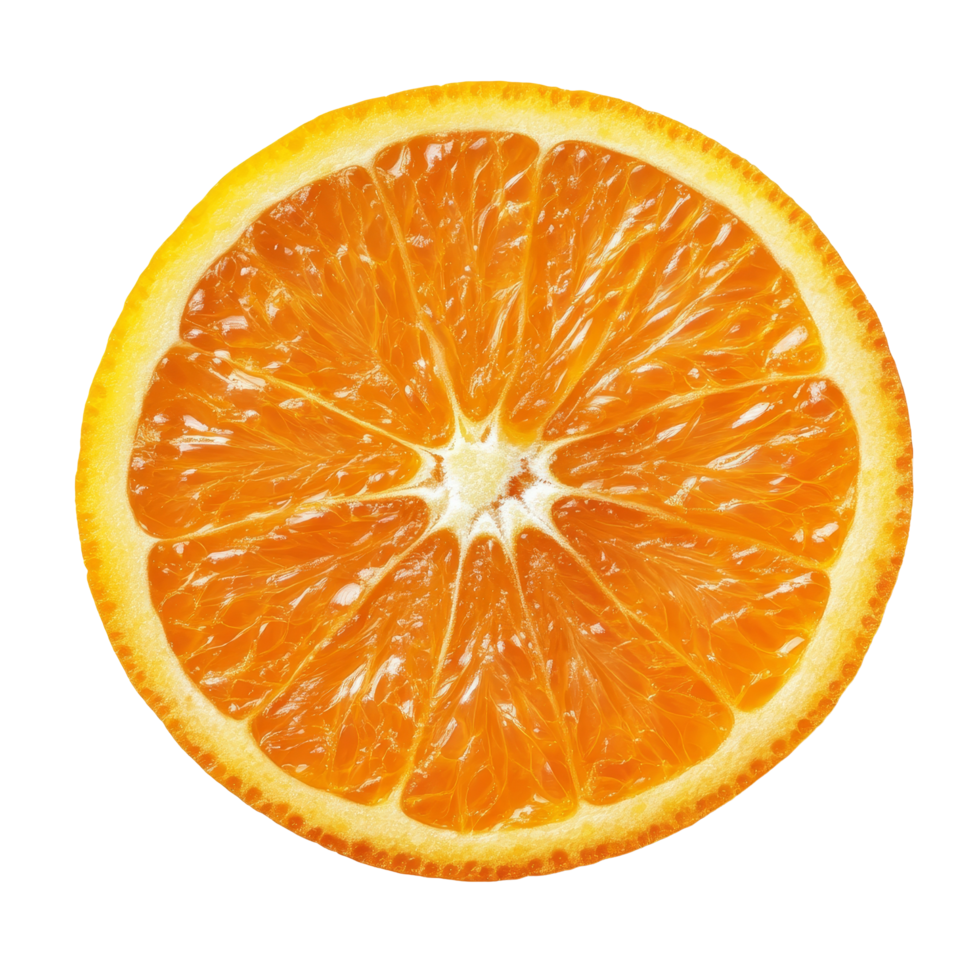 Freshly cut slice of orange fruit isolated on transparent background showcasing its juicy segments and vibrant color, slice of orange fruit isolated on transparent background png