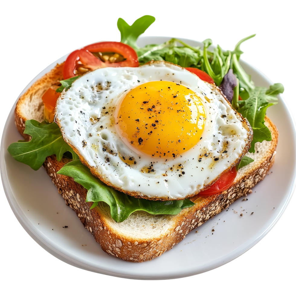Breakfast toast topped with fresh salad and a fried egg served on a sunny morning, breakfast toast with salad and fried egg png