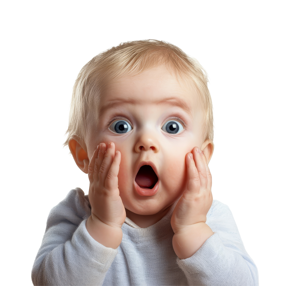 Surprised happy baby with cute expression showing delight and wonder against a clean transparent background, surprised happy cute baby, file of isolated object on transparent background png