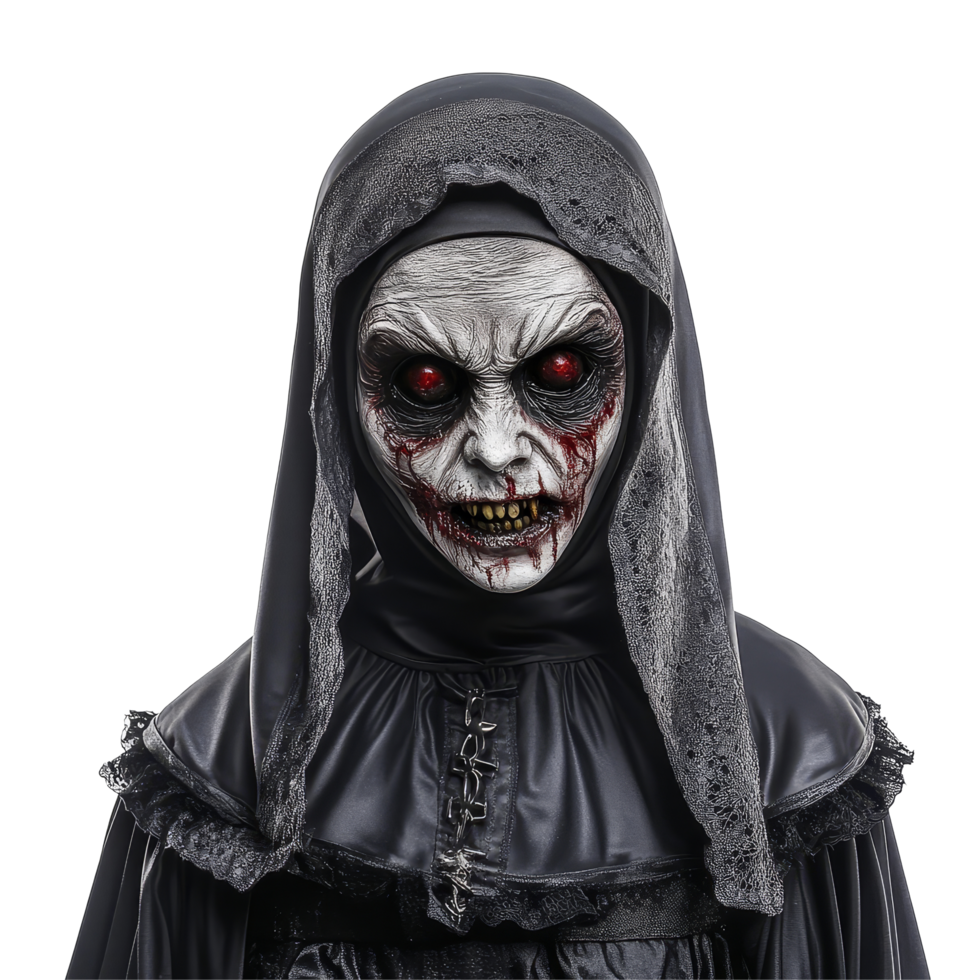 Sinister figure of a terrifying evil nun with a haunting expression, isolated against a transparent background, Terrifying Bloody Evil Nun Sinister Figure Isolated on transparent background Halloween png